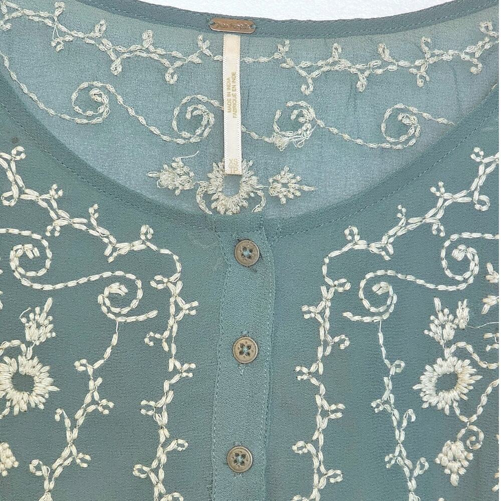 Free People Meadow Green Combo Embroidered Sheer Boho Blouse - Picture 5 of 6